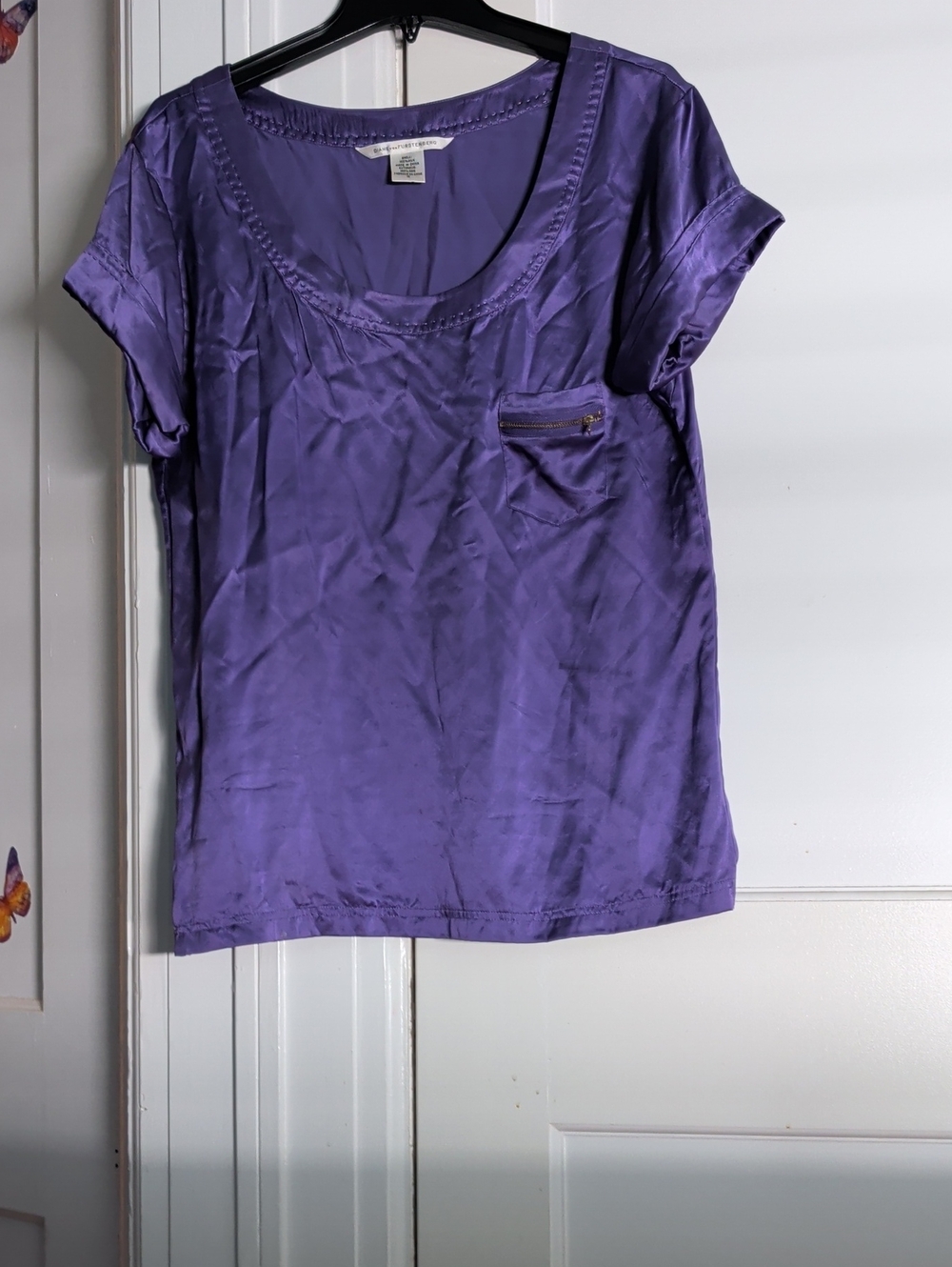 Diane Von Furstenberg Plum Satin Scoop Neck Short Sleeve Top